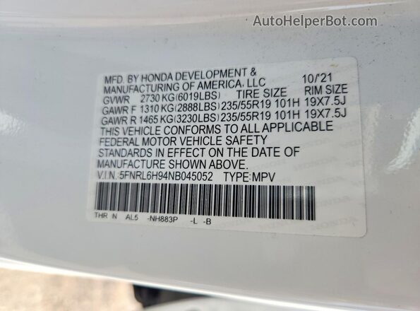 5FNRL6H94NB045052 2022 HONDA ODYSSEY White Vista de la etiqueta del VIN