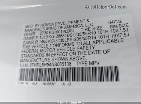 5FNRL6H94NB065138 2022 HONDA ODYSSEY White Widok komory silnika