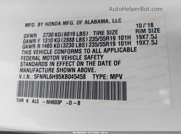 5FNRL6H95KB045458 2019 HONDA ODYSSEY White Շարժիչի բաժամունքի տեսք