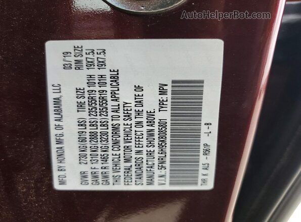 5FNRL6H95KB085801 2019 HONDA ODYSSEY Burgundy VIN կոդի պիտակի տեսք