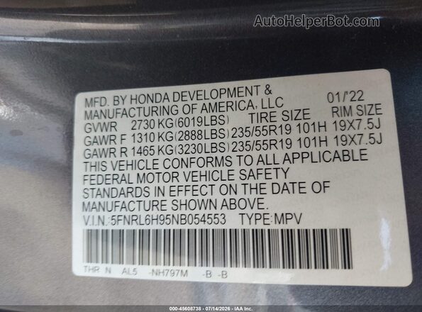 5FNRL6H95NB054553 2022 HONDA ODYSSEY Gray Вид підкапотного простору