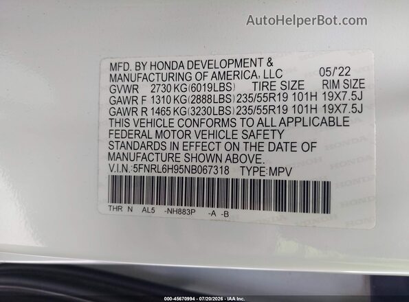 5FNRL6H95NB067318 2022 HONDA ODYSSEY White Vista del compartimento del motor