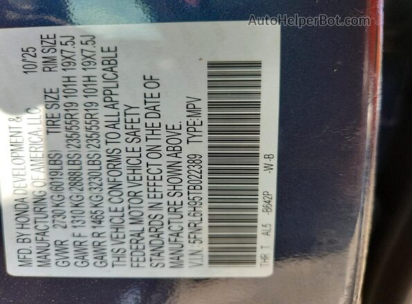 5FNRL6H95TB022389 2026 HONDA ODYSSEY Blue VIN sticker view