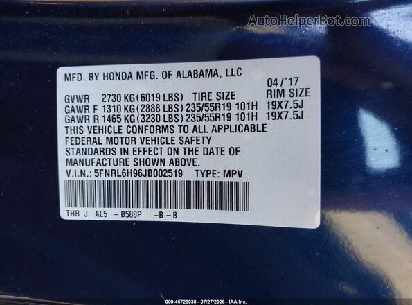 5FNRL6H96JB002519 2018 HONDA ODYSSEY Dark Blue Engine compartment view