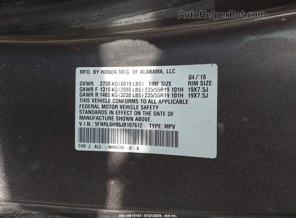 5FNRL6H96JB107612 2018 HONDA ODYSSEY Brown Engine compartment view