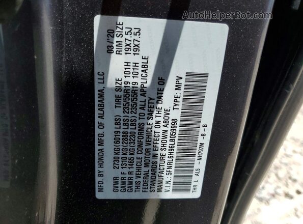 5FNRL6H96LB059998 2020 HONDA ODYSSEY Gray VIN կոդի պիտակի տեսք