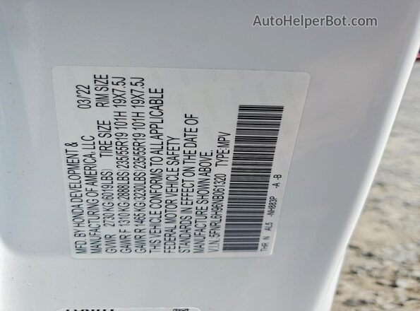 5FNRL6H96NB061320 2022 HONDA ODYSSEY White Vista de la etiqueta del VIN