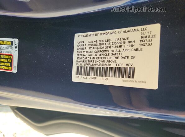 5FNRL6H97JB002450 2018 HONDA ODYSSEY Blue VIN კოდის სტიკერის ხედი