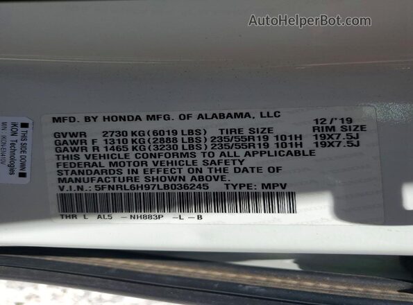 5FNRL6H97LB036245 2020 HONDA ODYSSEY White VIN կոդի պիտակի տեսք