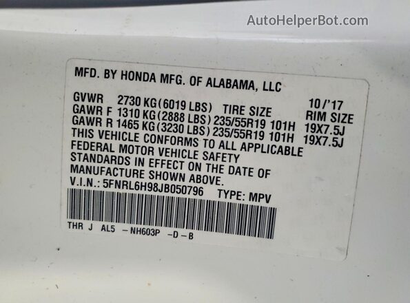 5FNRL6H98JB050796 2018 HONDA ODYSSEY White Вид наклейки з VIN-кодом