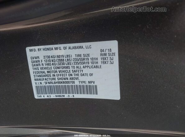 5FNRL6H98KB000708 2019 HONDA ODYSSEY Gray Вид підкапотного простору