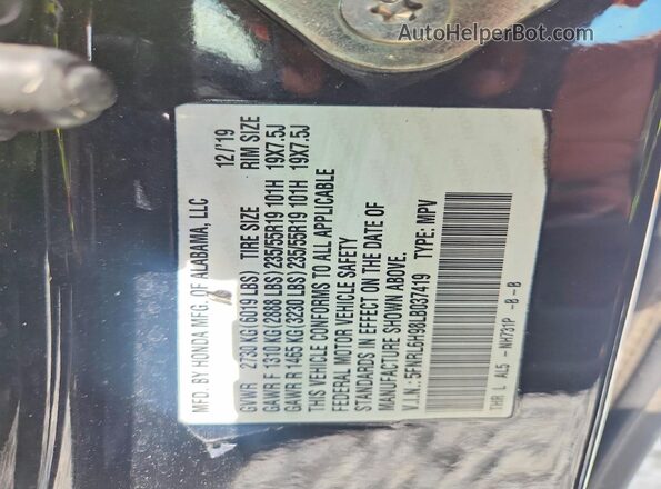 5FNRL6H98LB037419 2020 HONDA ODYSSEY Black Vista interior de 360 grados