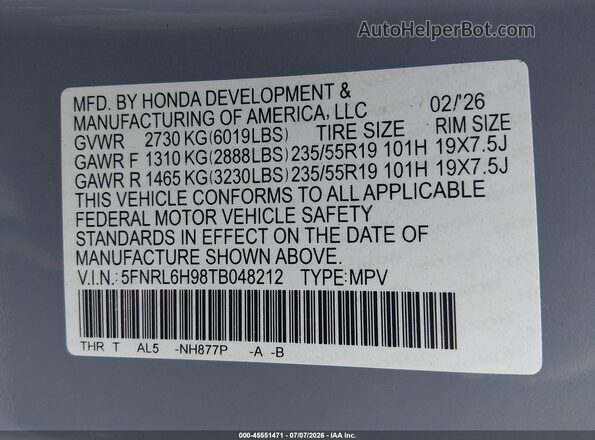 5FNRL6H98TB048212 2026 HONDA ODYSSEY Blue Вид підкапотного простору