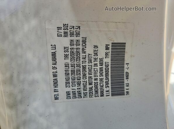 5FNRL6H99KB024077 2019 HONDA ODYSSEY White VIN կոդի պիտակի տեսք
