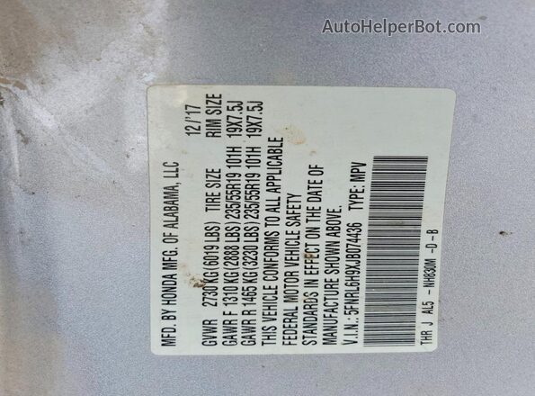 5FNRL6H9XJB074436 2018 HONDA ODYSSEY Gray Вид наклейки з VIN-кодом