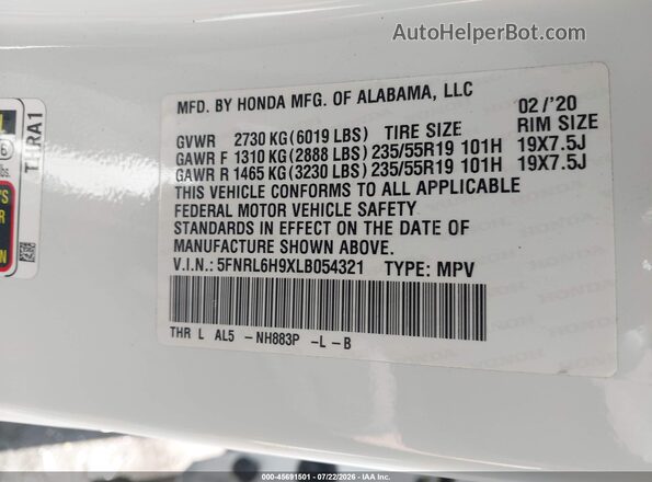 5FNRL6H9XLB054321 2020 HONDA ODYSSEY White Widok komory silnika