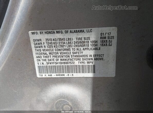 5FNYF5H10HB007572 2017 HONDA PILOT Silver ძრავის განყოფილების ხედი