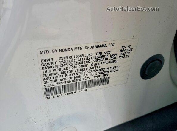 5FNYF5H10KB012925 2019 HONDA PILOT White Vista de la etiqueta del VIN