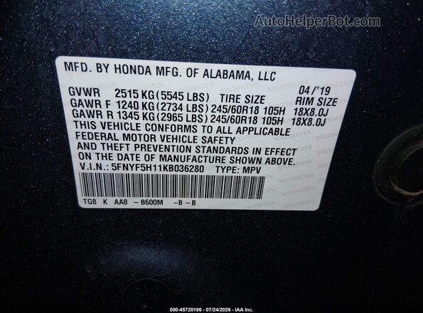 5FNYF5H11KB036280 2019 HONDA PILOT Green ძრავის განყოფილების ხედი