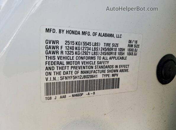 5FNYF5H12JB028641 2018 HONDA PILOT White Vista de la etiqueta del VIN