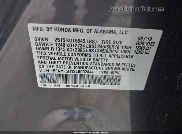 5FNYF5H13LB002844 2020 HONDA PILOT Gray Շարժիչի բաժամունքի տեսք