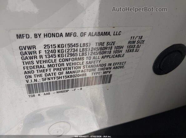 5FNYF5H15KB020485 2019 HONDA PILOT Белый Вид подкапотного пространства