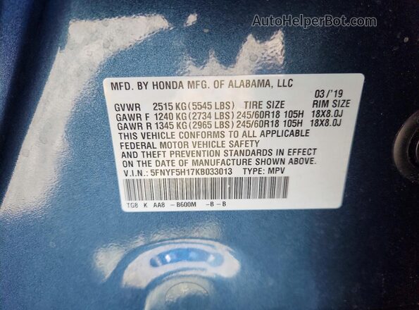 5FNYF5H17KB033013 2019 HONDA PILOT Blue VIN կոդի պիտակի տեսք