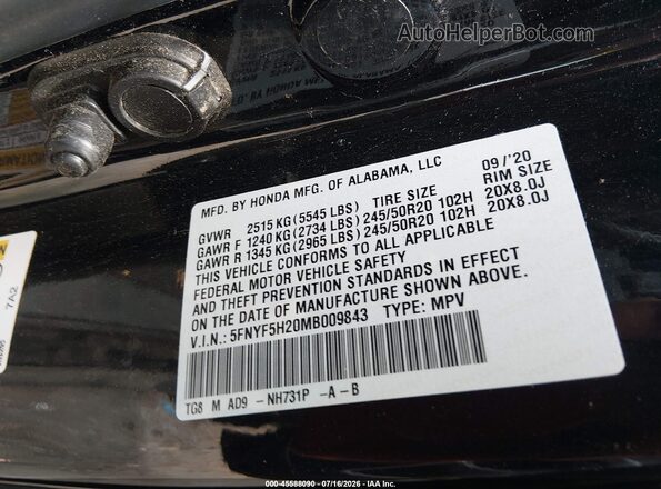 5FNYF5H20MB009843 2021 HONDA PILOT Black Vista del compartimento del motor