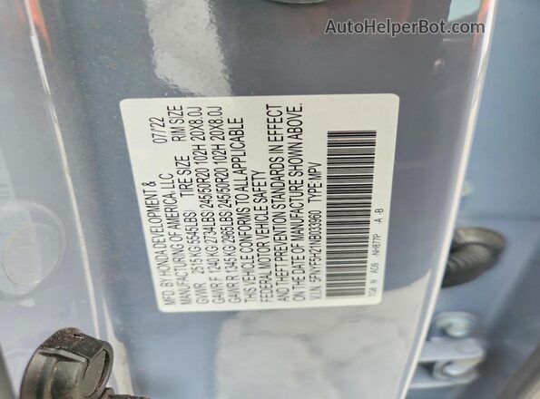 5FNYF5H21NB033960 2022 HONDA PILOT Blue VIN კოდის სტიკერის ხედი