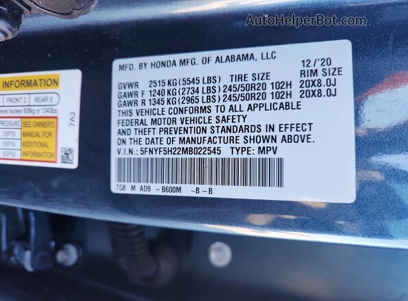 5FNYF5H22MB022545 2021 HONDA PILOT Blue VIN կոդի պիտակի տեսք