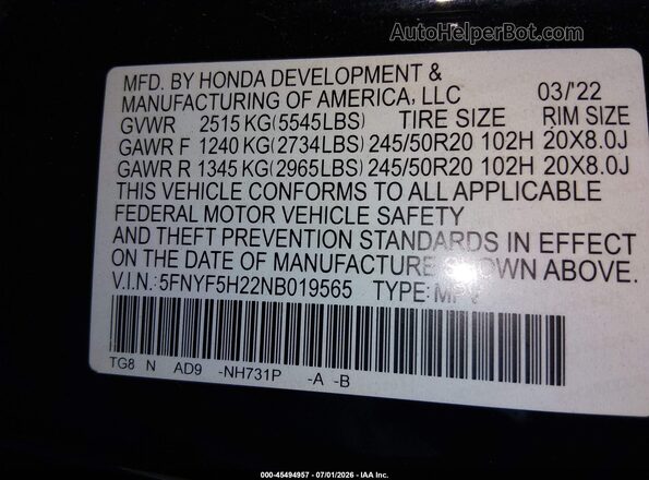 5FNYF5H22NB019565 2022 HONDA PILOT Black Engine compartment view
