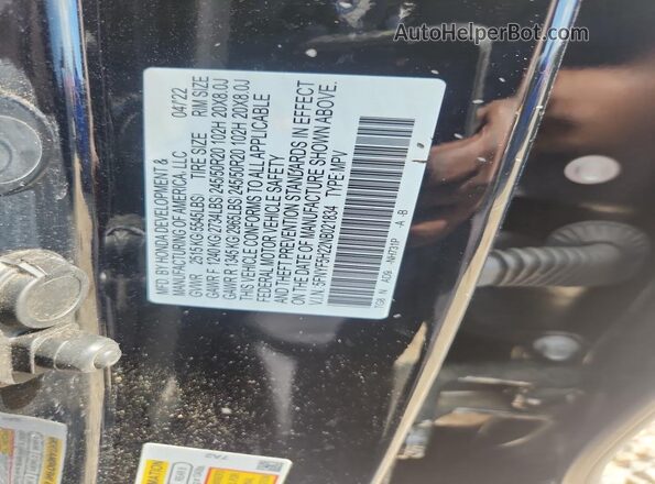5FNYF5H22NB021834 2022 HONDA PILOT Black Vista de la etiqueta del VIN