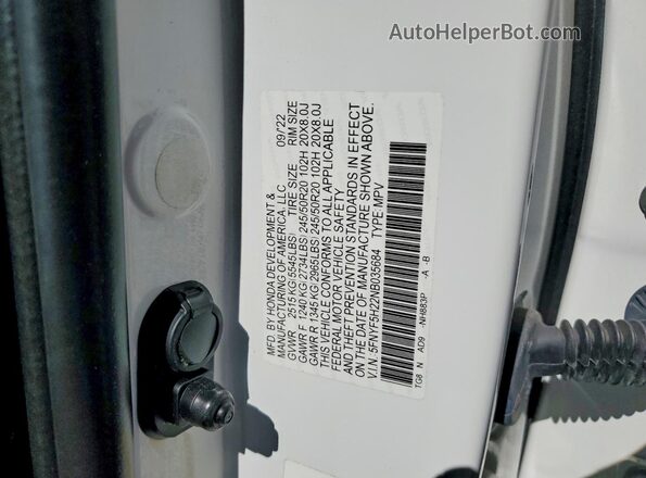 5FNYF5H22NB035684 2022 HONDA PILOT White Vista de la etiqueta del VIN