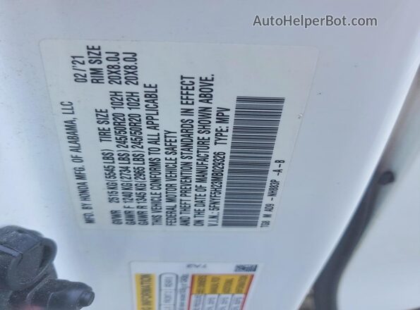 5FNYF5H23MB029326 2021 HONDA PILOT White Vista de la etiqueta del VIN
