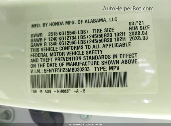 5FNYF5H23MB030203 2021 HONDA PILOT White Widok komory silnika