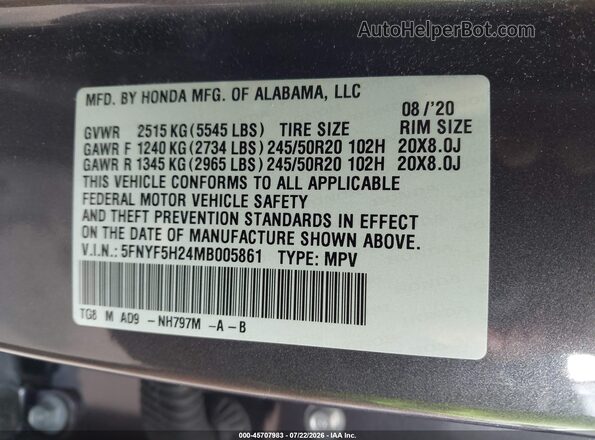 5FNYF5H24MB005861 2021 HONDA PILOT Серый Вид подкапотного пространства