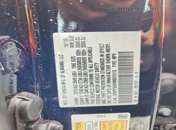 5FNYF5H24MB015113 2021 HONDA PILOT Black Vista de la etiqueta del VIN