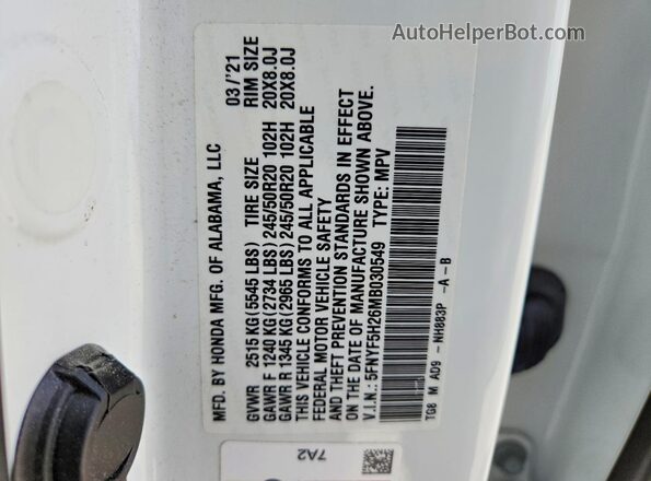 5FNYF5H26MB030549 2021 HONDA PILOT White Vista de la etiqueta del VIN