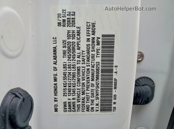 5FNYF5H27MB008253 2021 HONDA PILOT White Vista de la etiqueta del VIN
