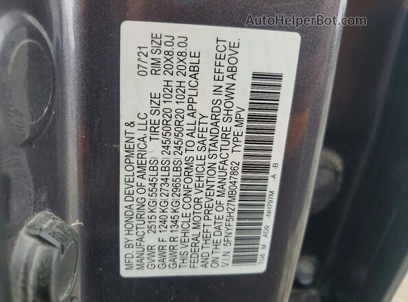 5FNYF5H27MB047862 2021 HONDA PILOT Gray VIN sticker view