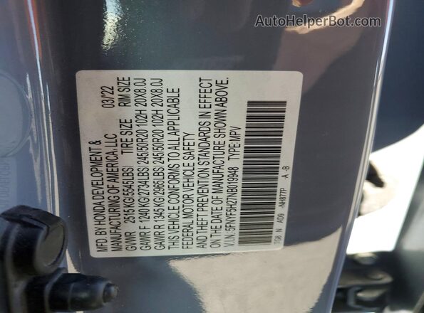 5FNYF5H27NB019948 2022 HONDA PILOT Gray Widok komory silnika