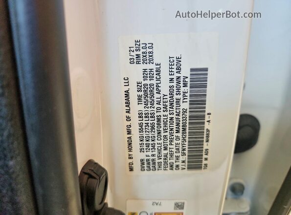 5FNYF5H28MB033792 2021 HONDA PILOT White VIN კოდის სტიკერის ხედი