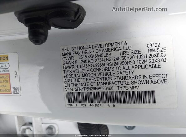 5FNYF5H29NB020468 2022 HONDA PILOT White Widok komory silnika