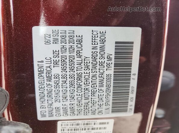 5FNYF5H29NB030935 2022 HONDA PILOT Maroon Widok wnętrza 360 stopni