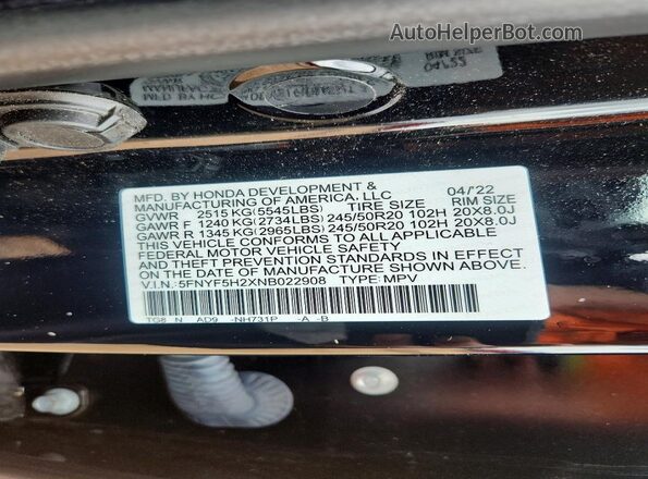 5FNYF5H2XNB022908 2022 HONDA PILOT Черный Вид наклейки с VIN-кодом