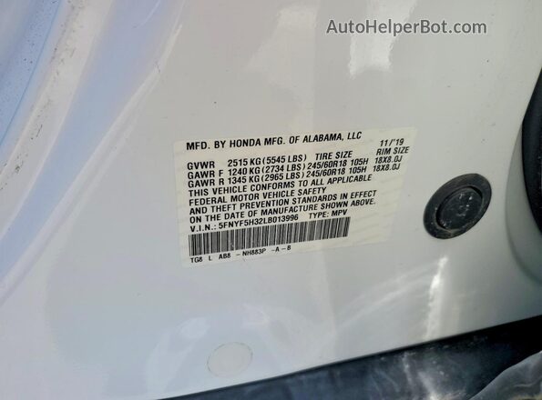 5FNYF5H32LB013996 2020 HONDA PILOT White Շարժիչի բաժամունքի տեսք