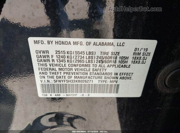 5FNYF5H33KB026271 2019 HONDA PILOT Black Engine compartment view