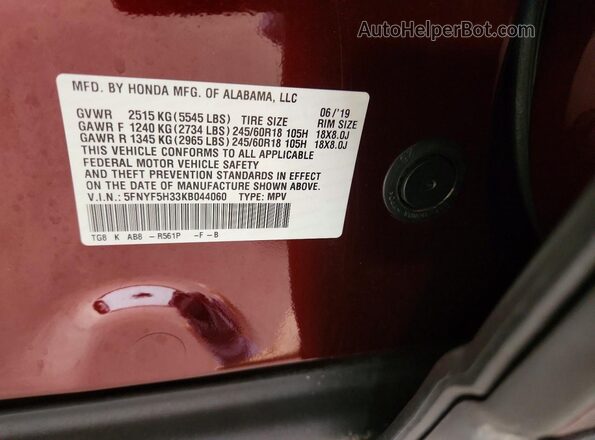 5FNYF5H33KB044060 2019 HONDA PILOT Черный Вид наклейки с VIN-кодом
