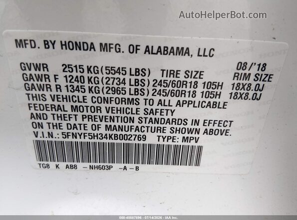 5FNYF5H34KB002769 2019 HONDA PILOT White Շարժիչի բաժամունքի տեսք