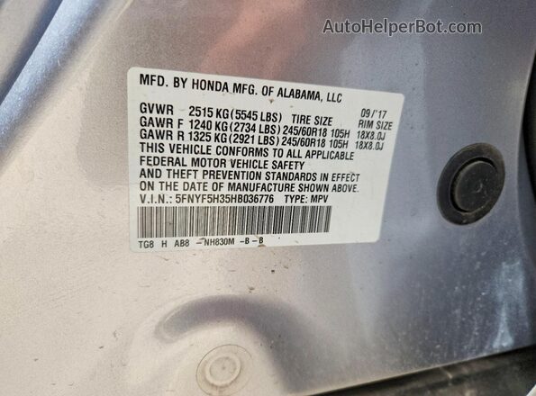 5FNYF5H35HB036776 2017 HONDA PILOT Silver VIN կոդի պիտակի տեսք